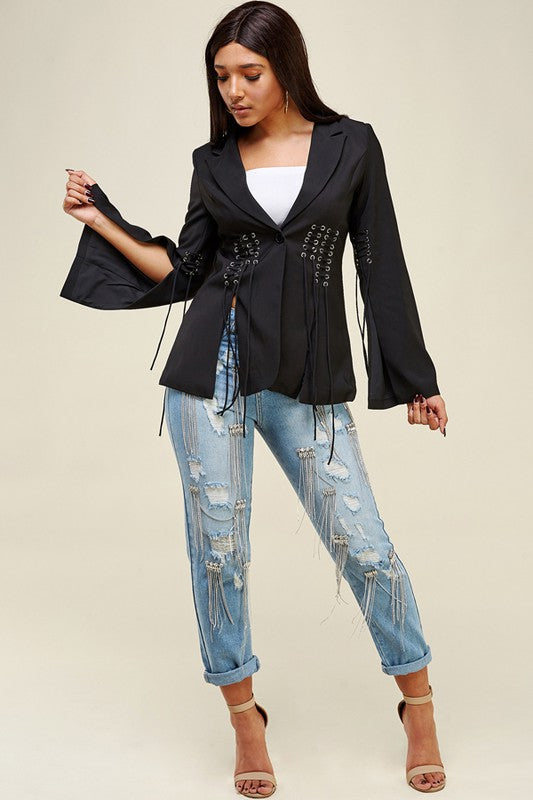 LACE UP SLEEVE AND FRONT BLAZER JACKET