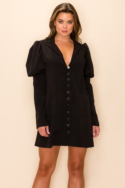 BUTTON DOWN FRONT PUFF SLEEVE MINI DRESS