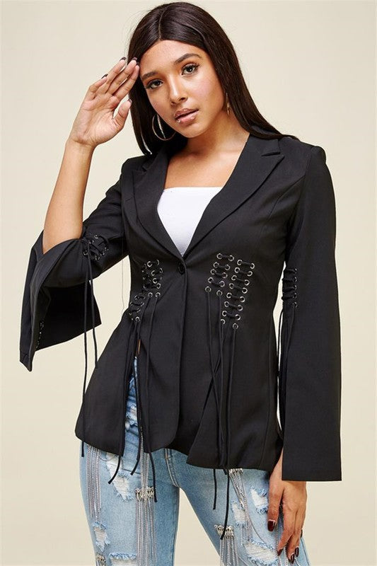 LACE UP SLEEVE AND FRONT BLAZER JACKET