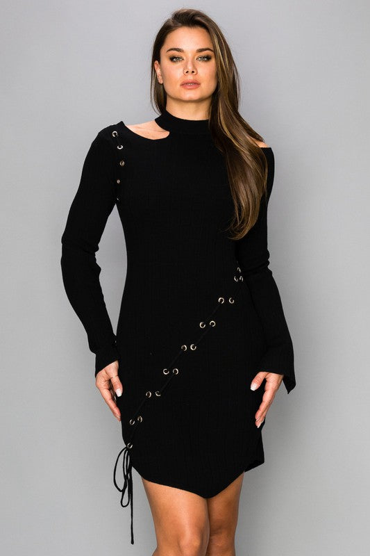 SWEATER DRESS WITH LACE DETAIL OPEN SHOULDER