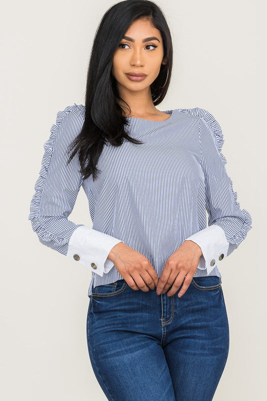 STRIPED ROUND NECK RUFFLE SLEEVE DETAIL BUTTONS