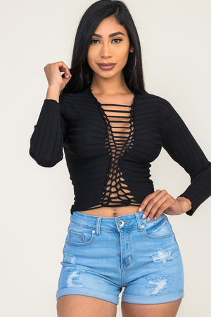 MIDDLE BRAID STRECH LONG SLEEVE TOP