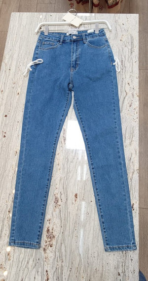 STRETCH DENIM PANTS WITH REAR LACE DETAIL